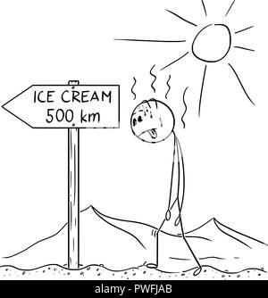 Cartoon of Man Walking Thirsty Through Desert and Found Sign Ice Cream 500 km or Kilometers Stock Vector