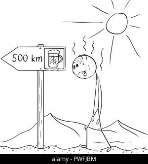 Cartoon of Man Walking Thirsty Through Desert and Found Sign Beer 500 km or Kilometers Stock Vector