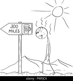 Cartoon of Man Walking Thirsty Through Desert and Found Sign Beer 300 Miles or Kilometers Stock Vector