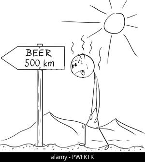 Cartoon of Man Walking Thirsty Through Desert and Found Sign Beer 500 km or Kilometers Stock Vector