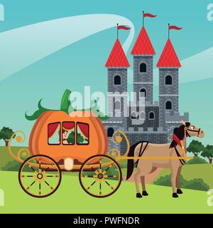 Horse with pumpkin carriage on kingdom vector illustration graphic design Stock Vector