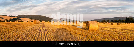 Near Presteigne, Powys, UK. Late summer landscape of stubble fields and straw bales in the border countryside between Herefordshire and Wales Stock Photo