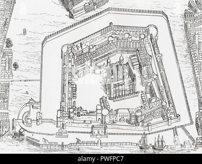 A bird's eye view of the Tower of London, London, England in 1688.  From London Pictures, published 1890.