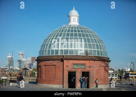 Entrance of the foot tunnel, an historic glazed building, connecting Greenwich with the Isle of Dogs on the other side of the River Thames, London UK. Stock Photo