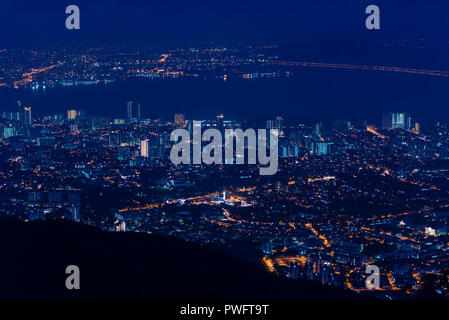 Penang Island & Mainland Penang overview from Penang Hill at Dawn with City lights Stock Photo