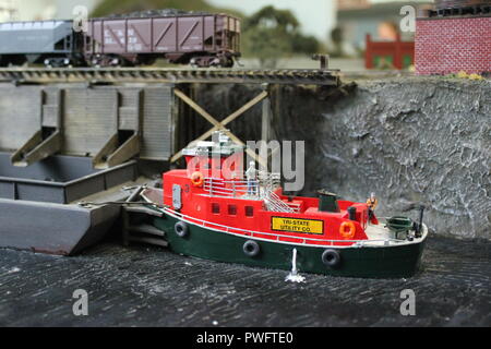 Really fantastic model railroading design with an emergency fire boat in the Clarendon Garfield field house in Chicago, Illinois. Stock Photo