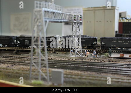 Really fantastic model railroading design with railroad workers working the tracks in the Clarendon Garfield field house in Chicago, Illinois. Stock Photo