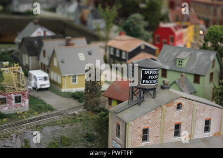 Really fantastic model railroading design of a residential neighborhood in the Clarendon Garfield field house in Chicago, Illinois. Stock Photo