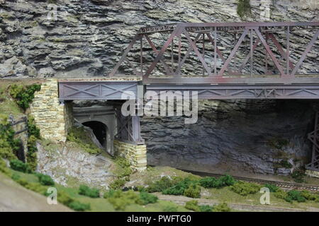 Really fantastic model railroading design of a steel.framed bridge and a tunnel in the Clarendon Garfield field house in Chicago, Illinois. Stock Photo