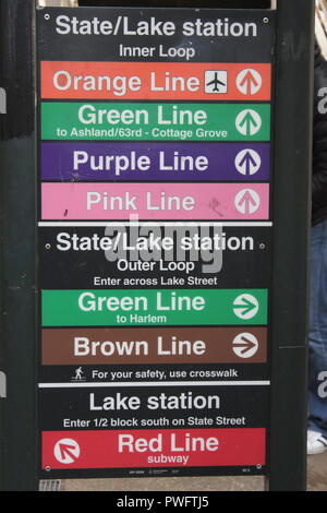 Colorful sign showing the public transit connections available at the State and Lake Station in downtown Chicago, Illinois. Stock Photo