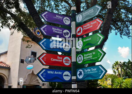 Orlando, Florida. September 21, 2018. Colorful Attractions Signs at Seaworld. Stock Photo