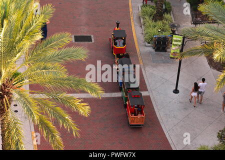 Orlando, Florida. September 27, 2018. Aerial view of Small Train and couple walking at Orlando Eye Area. Stock Photo