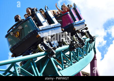 Tampa, Florida; September 29,2018. Young people screaming during a ride at Bush Gardens Rollercoaster. Stock Photo