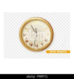 2019 New Year gold clock, five minutes to midnight. Watch isolated on transparent background Stock Vector