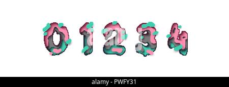 Paper cut number zero, one, two, three, four, figure 0, 1, 2, 3, 4. Design 3d sign isolated on white background. Alphabet font of melting liquid. Stock Vector