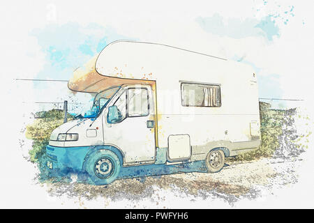 A watercolor sketch or an illustration. A motor home or a house on wheels is parked on the side of the road. Road trip or traveling by car. Stock Photo