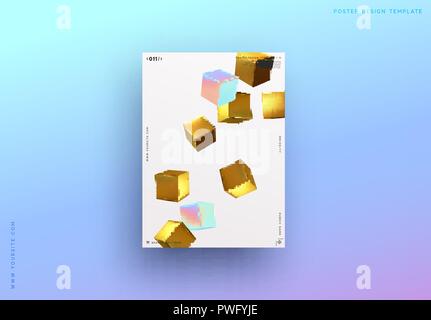 Minimal background with 3d geometric shapes golden and multi-colored squares cube Stock Vector