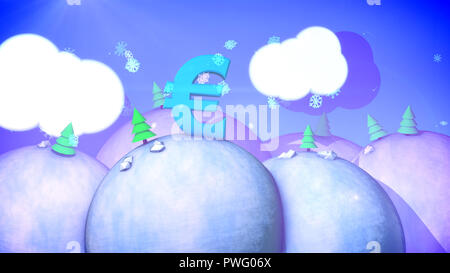 A celebratory 3d illustration of a sunny winter landscape with snowy hills, fabulous fir trees, white meadows, spinning snowflakes and blue sky with f Stock Photo