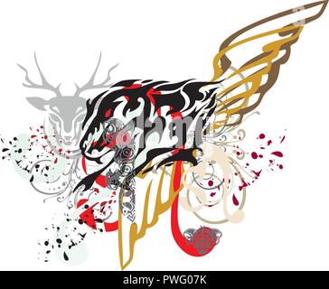 Grunge lion symbol with blood drops. Fire-breathing lion head with wings elements, the head of a deer and the twirled floral splashes Stock Vector