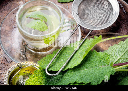 Brewed delicious herbal tea with sage on retro background Stock Photo