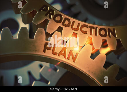 Production Plan Concept. Golden Gears. 3D Illustration. Stock Photo