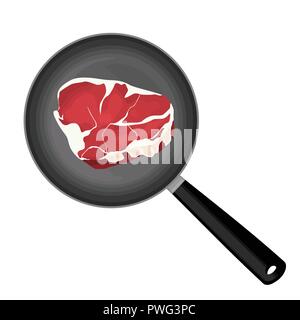 Meat steak on frying pan over a white background, vector illustration Stock Vector