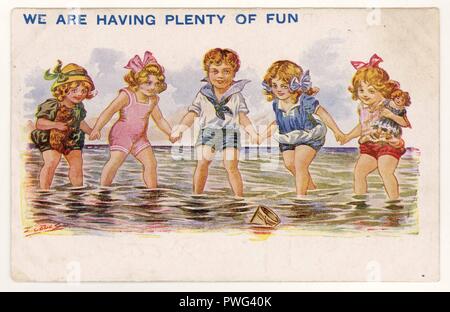 Original charming illustrated seaside postcard of children bathing in the sea, posted 12 Sept 1924 from Blackpool, England, U.K