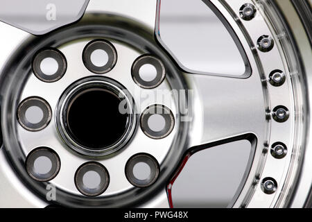 Close up shot of wheel rim, shiny, alloy, isolated on a white background Stock Photo