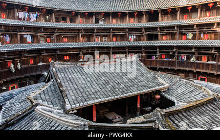 The Zhencheng Building, a 4-storey tulou. Tulou are fortified, adobe (earth) Hakka clan houses, in Fujian Province in southern China.
