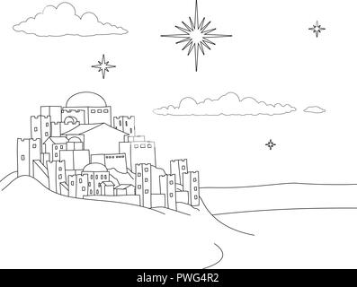 Nativity Christmas City Cartoon Scene Coloring Stock Vector