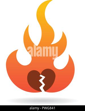 Fire flame with broken heart. Vector Logo SymbolDesign Illustration Stock Vector