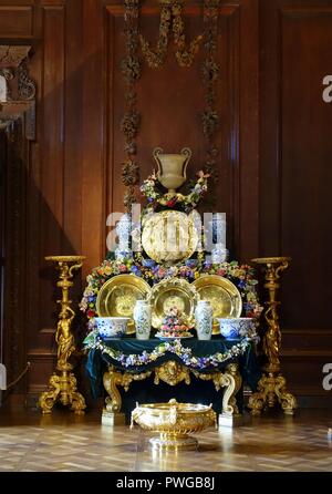 Buffet inspired by Still Life with Silver, painted by Alexandre Francois Desportes in the 1720s, ceramics, silver gilt, wax fruit and flowers - Great Chamber,Chatsworth House - Derbyshire, England - Stock Photo