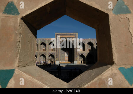 Interior courtyard of Sher-Dor Madrasah (1619–1636) in the Registan public square which was the heart of the ancient city of Samarkand alternatively Samarqand of the Timurid dynasty in Uzbekistan Stock Photo