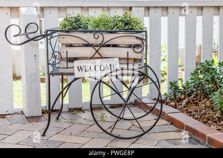 Wooden WELCOME sign hanging from a black cast cart with wooden crate with growing plants standing outdoors on the street near white fence. Country sty Stock Photo