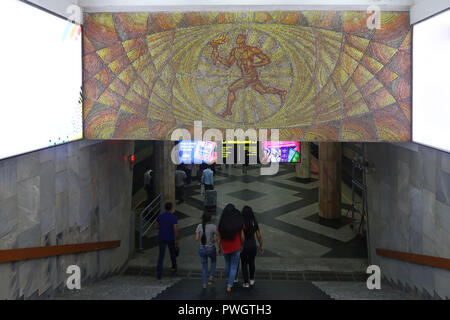 Mosaic mural from the Soviet era decorates entrance to Pakhtakor Station at the Tashkent underground Metro in Uzbekistan. The Tashkent Metro built in the former USSR is one of only two subway systems currently operating in Central Asia and its stations are among the most ornate in the world. Stock Photo