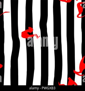 Seamless abstract pattern. Uneven black vertical stripes on a white background. Red paint stains are complex shapes. Background for wallpaper. Stock Vector