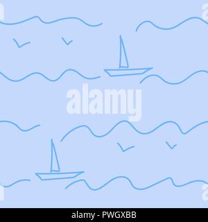 Seamless patterns. Children's drawing is a boat on the waves. Gulls over the sea. Stock Vector