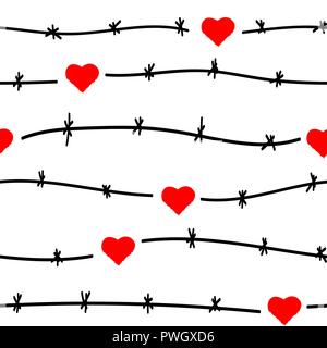 Seamless pattern. Barbed wire. The red heart is locked. Stock Vector
