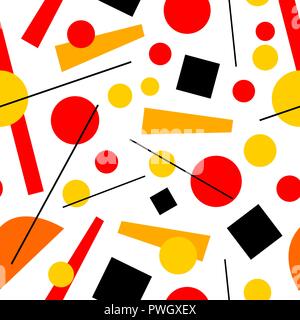 Seamless pattern of Suprematism. red, black, yellow, orange squares, circles, stripes. line, trapezoid. Stock Vector
