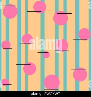 Seamless pattern. Orange stripes on a green background with pink circles. Stock Vector