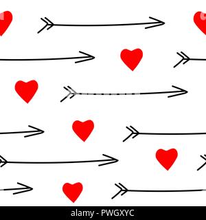Seamless pattern. Red hearts and black arrows on a white background. Stock Vector