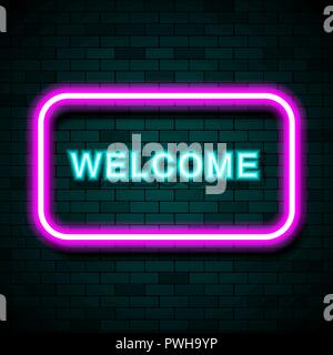 Neon sign with the word Welcome on brick wall background, stock vector Stock Vector