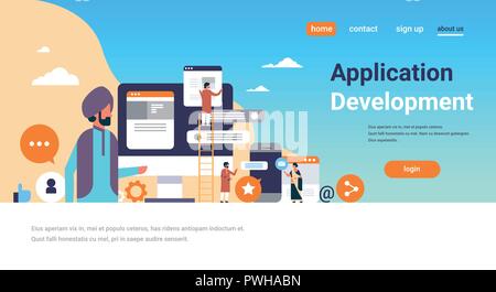 indian people mobile application development concept men climbing ladder messenger interface design flat horizontal copy space vector illustration Stock Vector