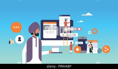 indian people mobile application development concept man climbing ladder messenger interface design flat horizontal vector illustration Stock Vector