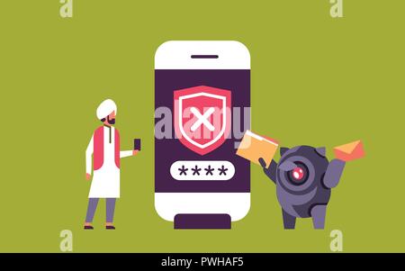 indian man incorrect password hacking bot concept smartphone verification mobile security app access horizontal flat full length vector illustration Stock Vector