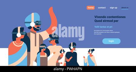indian people wearing vr glasses virtual reality concept headphones team playing video games flat copy space horizontal vector illustration Stock Vector