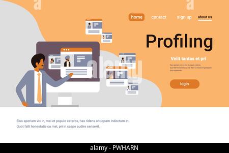 indian man choosing different user job vacancy candidate profiling concept profile resume with photo flat copy space horizontal portrait vector illust Stock Vector