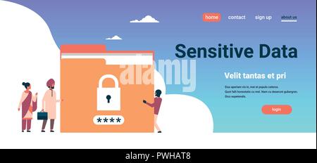 indian businessman with hacker padlock password folder protection sensitive data concept locked privacy information database flat horizontal copy spac Stock Vector