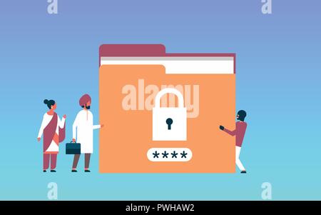 indian businessman with hacker padlock password folder protection sensitive data concept locked privacy information database flat horizontal vector il Stock Vector