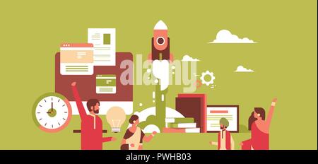 indian business people creating new successful startup project concept space rocket launching flat horizontal portrait vector illustration Stock Vector